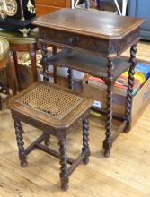 CARVED OAK TELEPHONE TABLE AND STOOL