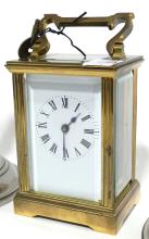 CARRIAGE CLOCK AND CANDLESTICKS