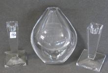 CRYSTAL VASE AND TWO CANDLESTICKS