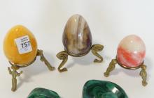 ALABASTER AND MALACHITE EGG SCULPTURES
