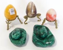 ALABASTER AND MALACHITE EGG SCULPTURES