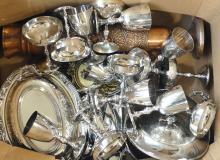 BOX LOT OF SILVER PLATE GOBLETS, ETC.