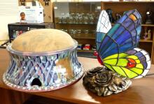 "BUTTERFLY" LAMP AND POTTERY FOOTSTOOL