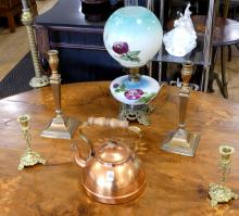 LAMP, KETTLE AND CANDLESTICKS