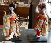 TWO DOLLS, TEAPOT AND COVERED BOWL