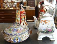 TWO DOLLS, TEAPOT AND COVERED BOWL