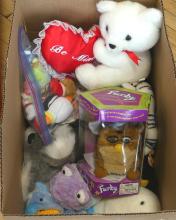 BOX LOT OF BEANIE BABIES, FURBY AND PLUSH TOYS