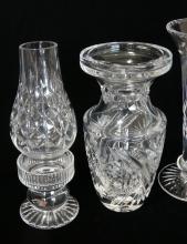 THREE CRYSTAL VASES AND FAIRY LAMP