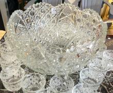 LARGE PRESSED GLASS PUNCH BOWL SET