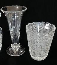 THREE CRYSTAL VASES AND FAIRY LAMP