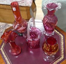 FIVE PIECES OF CRANBERRY GLASS