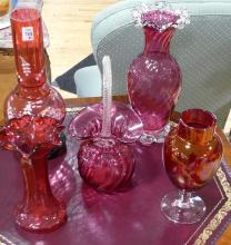 FIVE PIECES OF CRANBERRY GLASS