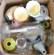 TWO BOX LOTS OF POTTERY, GLASS AND CHINA