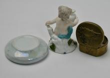 ANTIQUE FIGURE, BOX & DISH