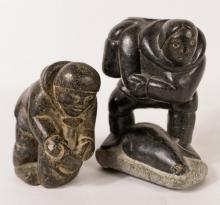 TWO INUIT SOAPSTONE "SEAL HUNTER" CARVINGS