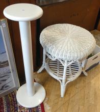 ACRYLIC PEDESTAL AND WICKER SIDE TABLE