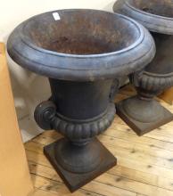 PAIR OF CAST IRON GARDEN URNS