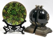 CLOISONNE PLATE AND PAIR OF BOOKENDS