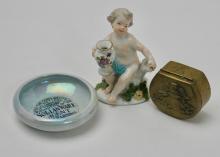 ANTIQUE FIGURE, BOX & DISH