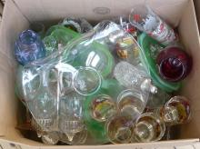 TWO BOXES AND BIN OF GLASSWARE AND CRYSTAL