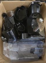 BOX AND BIN OF SMALL APPLIANCES, ETC.