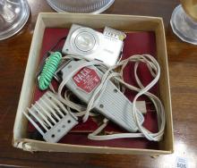 THREE OIL LAMPS AND BARBER KIT