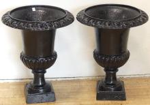 PAIR OF CAST IRON GARDEN URNS