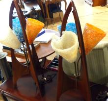 PAIR OF UNIQUE TEAK TABLE LAMPS