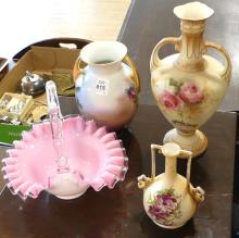 THREE VASES AND GLASS BASKET