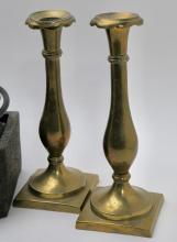 PAIR OF BRASS CANDLESTICKS AND FOUNTAIN