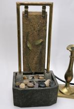 PAIR OF BRASS CANDLESTICKS AND FOUNTAIN