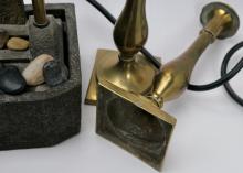 PAIR OF BRASS CANDLESTICKS AND FOUNTAIN