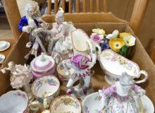 BOX LOT OF FIGURINES, DEMITASSES, ETC.