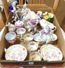 BOX LOT OF FIGURINES, DEMITASSES, ETC.