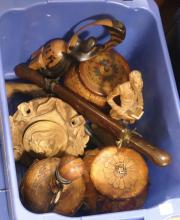 BIN OF WOODEN AND LEATHER ITEMS