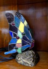 THREE STAINED GLASS "BUTTERFLY" LAMPS
