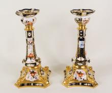 PAIR OF ROYAL CROWN DERBY "IMARI" CANDLESTICKS