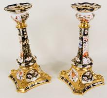 PAIR OF ROYAL CROWN DERBY "IMARI" CANDLESTICKS