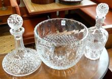 TWO CRYSTAL DECANTERS AND BOWL