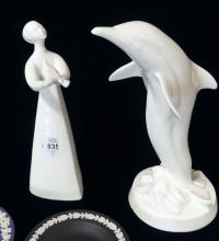 TWO DOULTON FIGURINES AND THREE WEDGWOOD DISHES