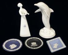 TWO DOULTON FIGURINES AND THREE WEDGWOOD DISHES