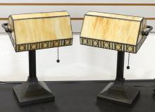 PAIR OF SLAG-GLASS "BANKER'S" LAMPS