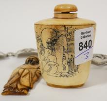 IVORY SNUFF BOTTLE, CARVING AND BELT