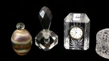 SCENT BOTTLES, DESK CLOCK AND TRINKET BOX