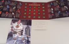 TWO AUTOGRAPHED BOBBY HULL PHOTOS AND MEDALLION SET