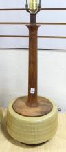 PAIR OF TEAK AND POTTERY TABLE LAMPS