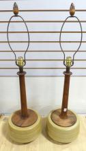 PAIR OF TEAK AND POTTERY TABLE LAMPS