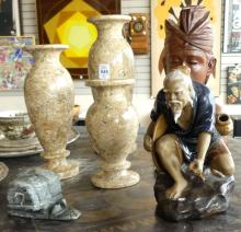 THREE VASES, TWO CARVINGS AND FIGURINE