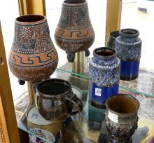 FIVE POTTERY VASES AND MUG