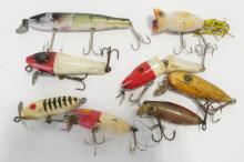 EIGHT WOODEN FISHING LURES